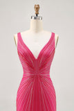 Sparkly Tight Fuchsia V-Neck Short Prom Dress with Beading