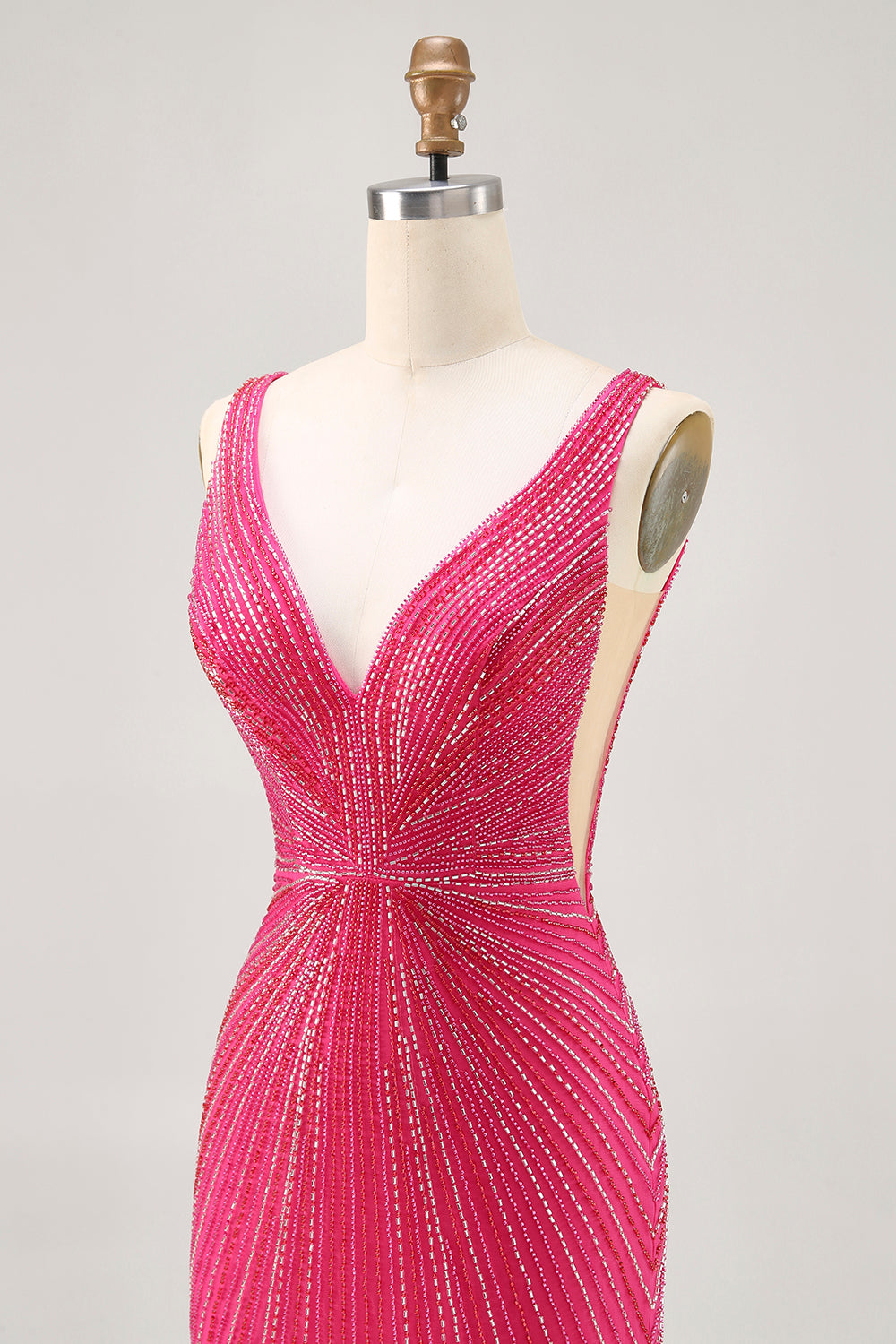 Sparkly Tight Fuchsia V-Neck Short Prom Dress with Beading