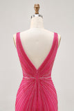 Sparkly Tight Fuchsia V-Neck Short Prom Dress with Beading