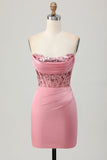 Sparkly Tight Blush Strapless Short Corset Prom Dress with Sequins