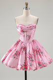 Pink Sweetheart Corset Short Floral Cocktail Dress
