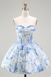 White Blue Floral Corset Sweetheart Short Cocktail Dress