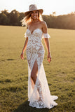 Sweetheart White Boho Lace Sweep Train Western Wedding Dress with Slit