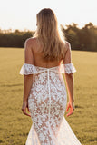 Sweetheart White Boho Lace Sweep Train Western Wedding Dress with Slit