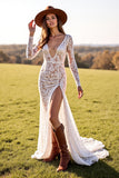 Boho White Lace Sheath Long Sleeves Western Wedding Dress with Slit