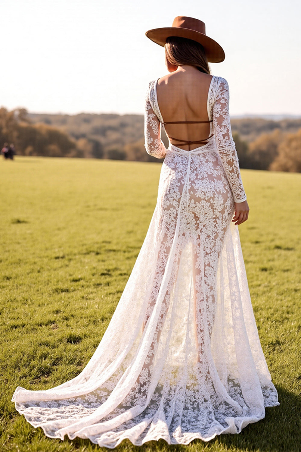 Boho White Lace Sheath Long Sleeves Western Wedding Dress with Slit