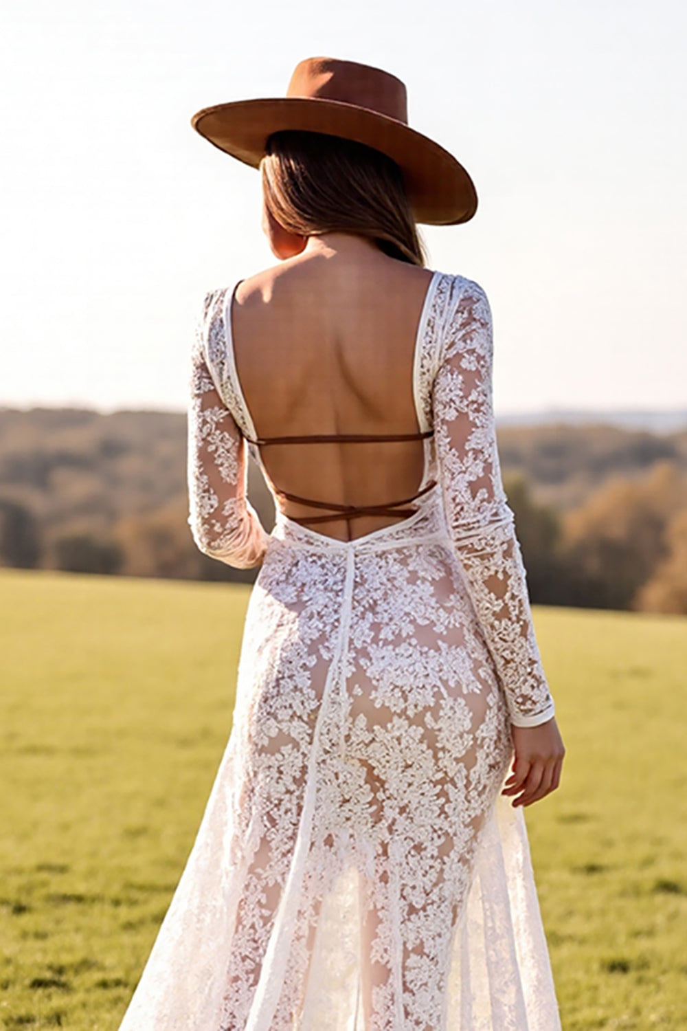 Boho White Lace Sheath Long Sleeves Western Wedding Dress with Slit