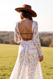 Boho White Lace Sheath Long Sleeves Western Wedding Dress with Slit