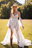 Boho Corset White Lace Maxi A Line Western Wedding Dress with Sleeves