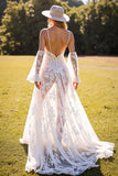 Boho Corset White Lace Maxi A Line Western Wedding Dress with Sleeves