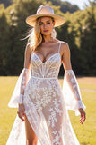 Boho Corset White Lace Maxi A Line Western Wedding Dress with Sleeves