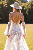 Boho Corset White Lace Maxi A Line Western Wedding Dress with Sleeves