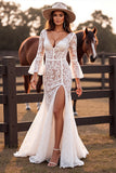 Boho Lace Corset White Flare Sleeves Mermaid Western Wedding Dress with Slit