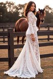 Boho Lace Corset White Flare Sleeves Mermaid Western Wedding Dress with Slit
