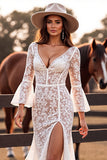 Boho Lace Corset White Flare Sleeves Mermaid Western Wedding Dress with Slit