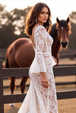 Boho Lace Corset White Flare Sleeves Mermaid Western Wedding Dress with Slit