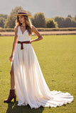 Boho Chiffon White V-Neck Sweep Train Western Wedding Dress with Slit
