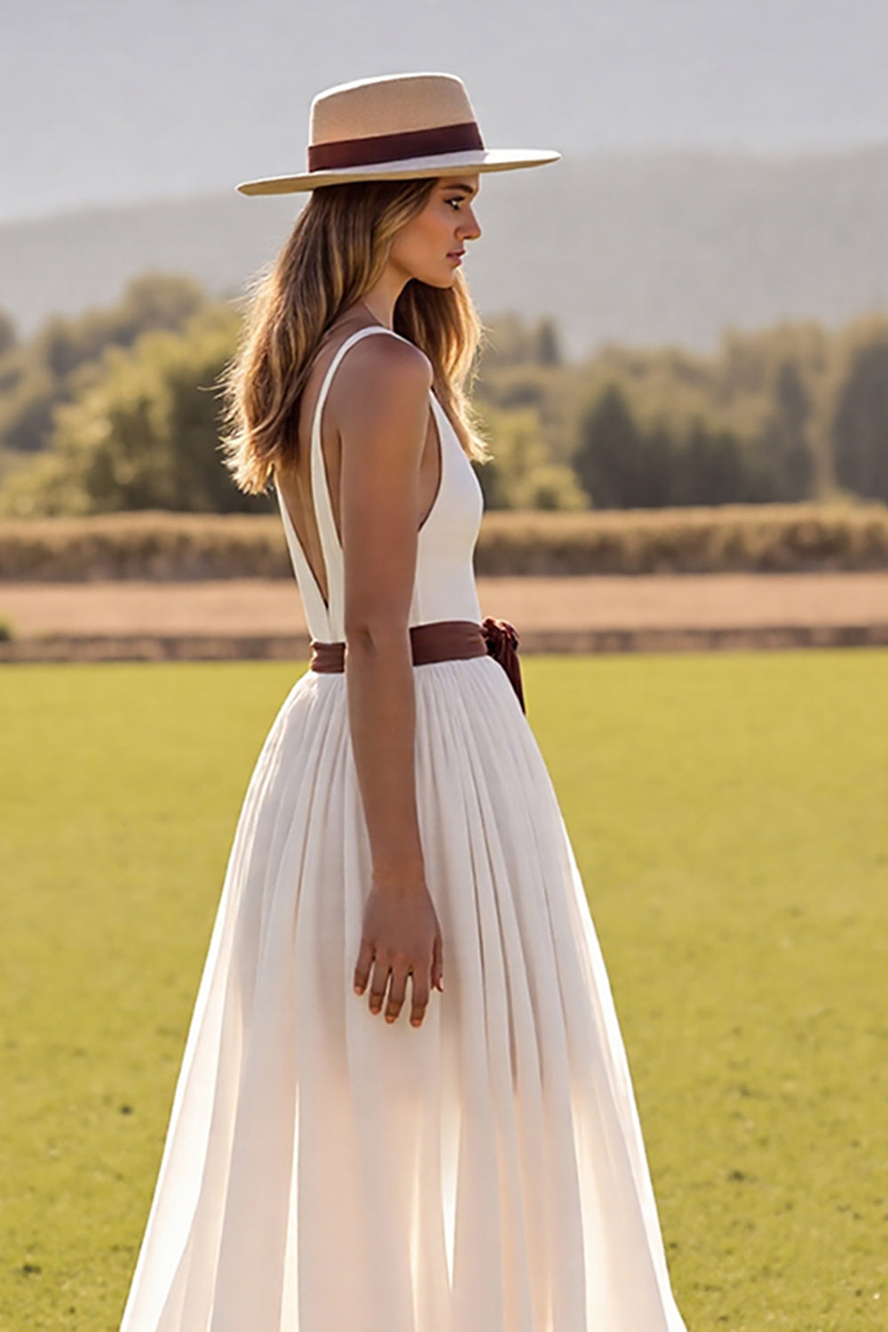 Boho Chiffon White V-Neck Sweep Train Western Wedding Dress with Slit