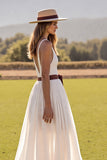 Boho Chiffon White V-Neck Sweep Train Western Wedding Dress with Slit