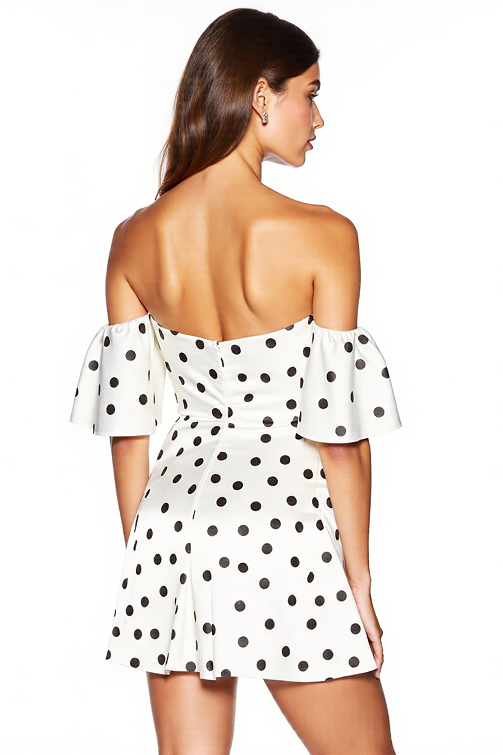 Tight White and Black Off the Shoulder Short Polka Dot Dress with Slit