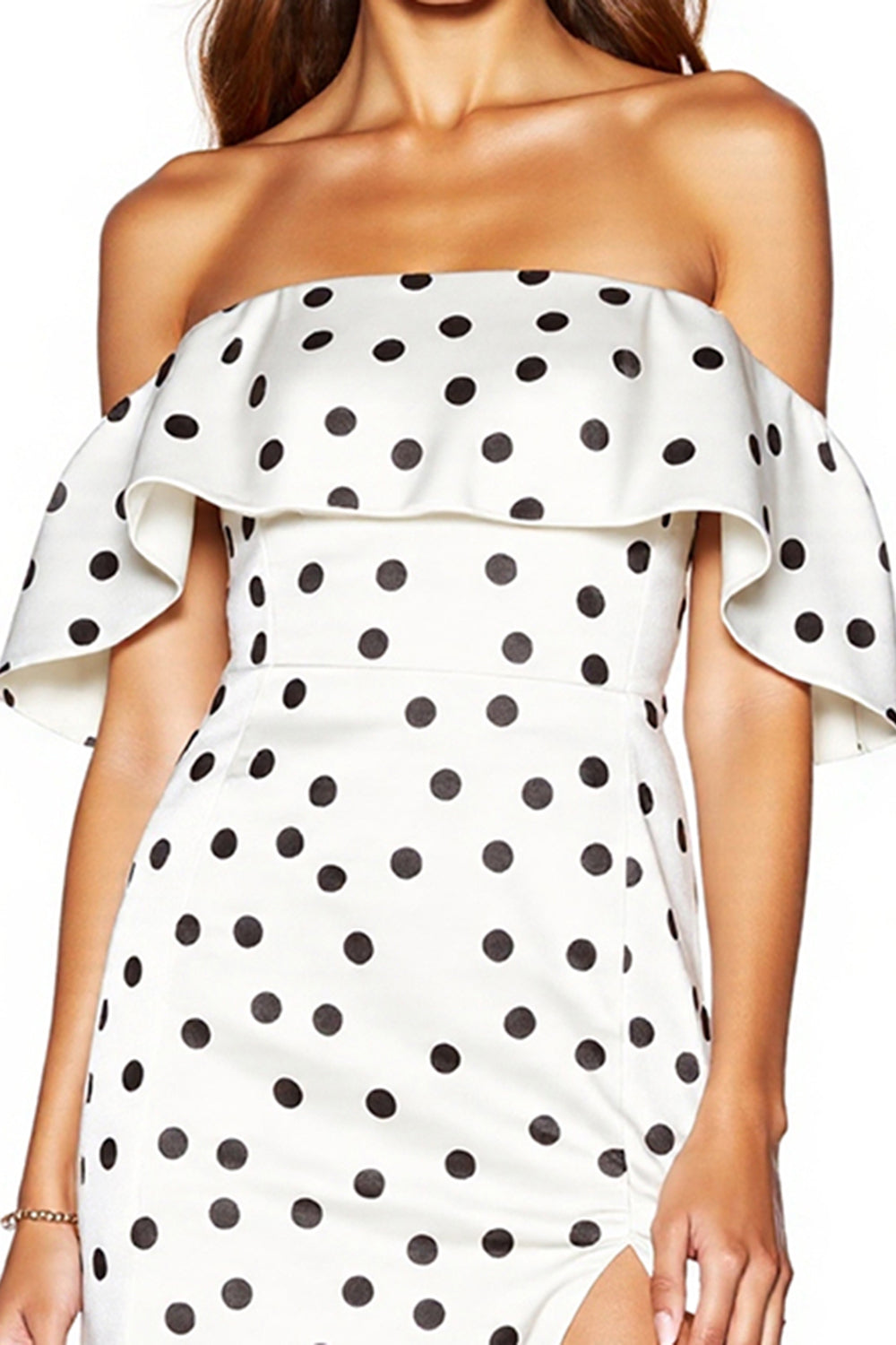 Tight White and Black Off the Shoulder Short Polka Dot Dress with Slit