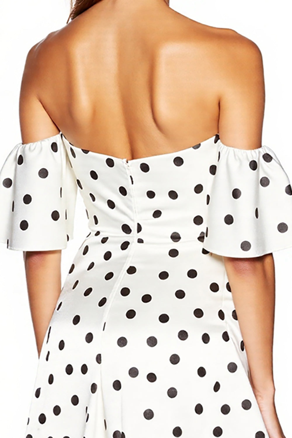 Tight White and Black Off the Shoulder Short Polka Dot Dress with Slit