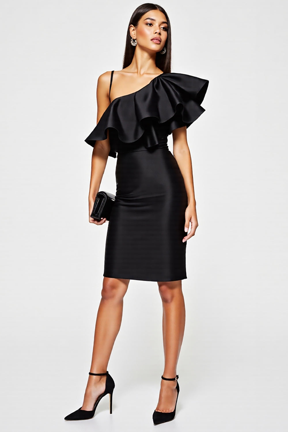 Tight Black One Shoulder Short Cocktail Dress with Ruffles