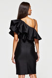 Tight Black One Shoulder Short Cocktail Dress with Ruffles
