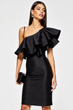 Tight Black One Shoulder Short Cocktail Dress with Ruffles