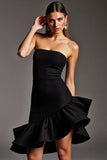 Tight Short Black Strapless Satin Cocktail Dress with Ruffles