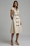 A Line Apricot Notched Lapel Leopard Midi Blazer Dress with String
