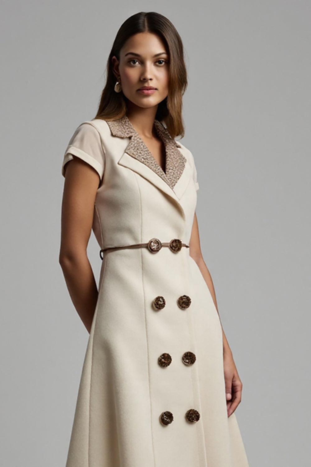 A Line Apricot Notched Lapel Leopard Midi Blazer Dress with String