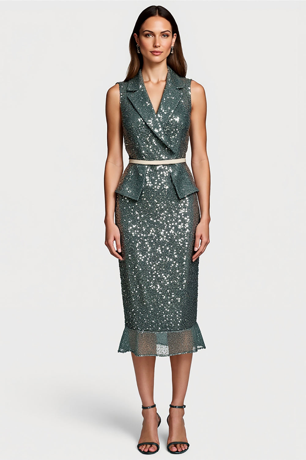 Sparkly Grey Green Notched Lapel Sequin Midi Pencil Holiday Party Dress