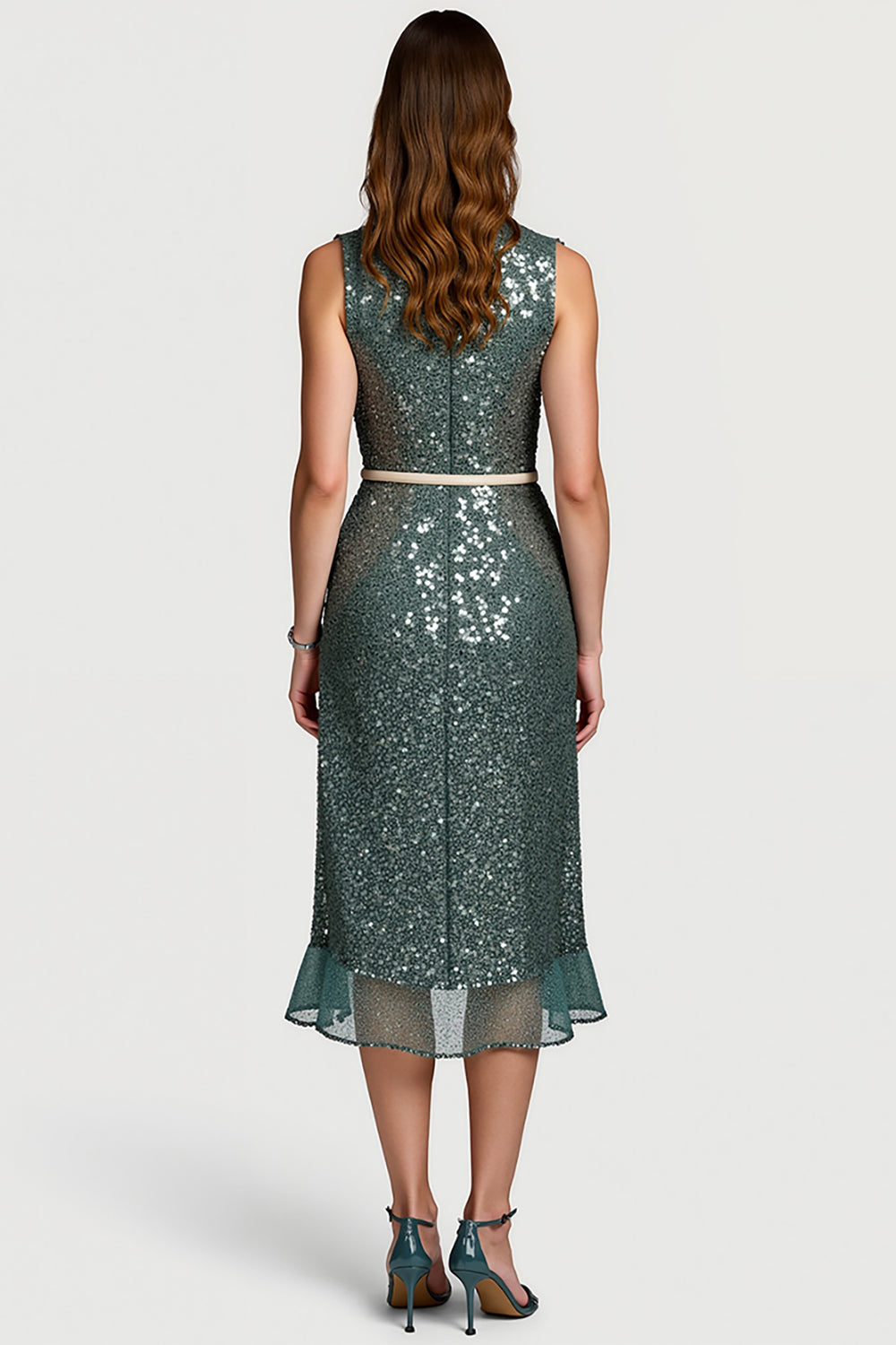 Sparkly Grey Green Notched Lapel Sequin Midi Pencil Holiday Party Dress