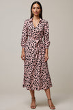 Pink Ruched Leopard A Line Maxi Work Dress with Sleeves