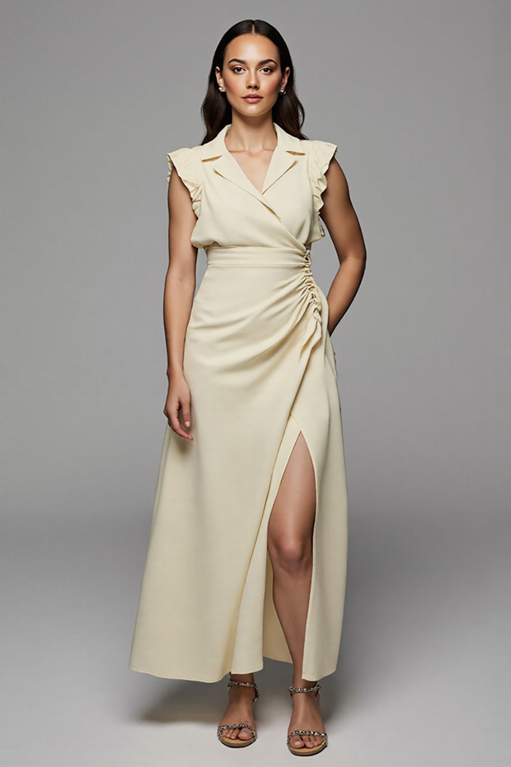 Apricot Notched Lapel Satin A Line Maxi Work Dress with Slit