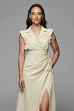 Apricot Notched Lapel Satin A Line Maxi Work Dress with Slit