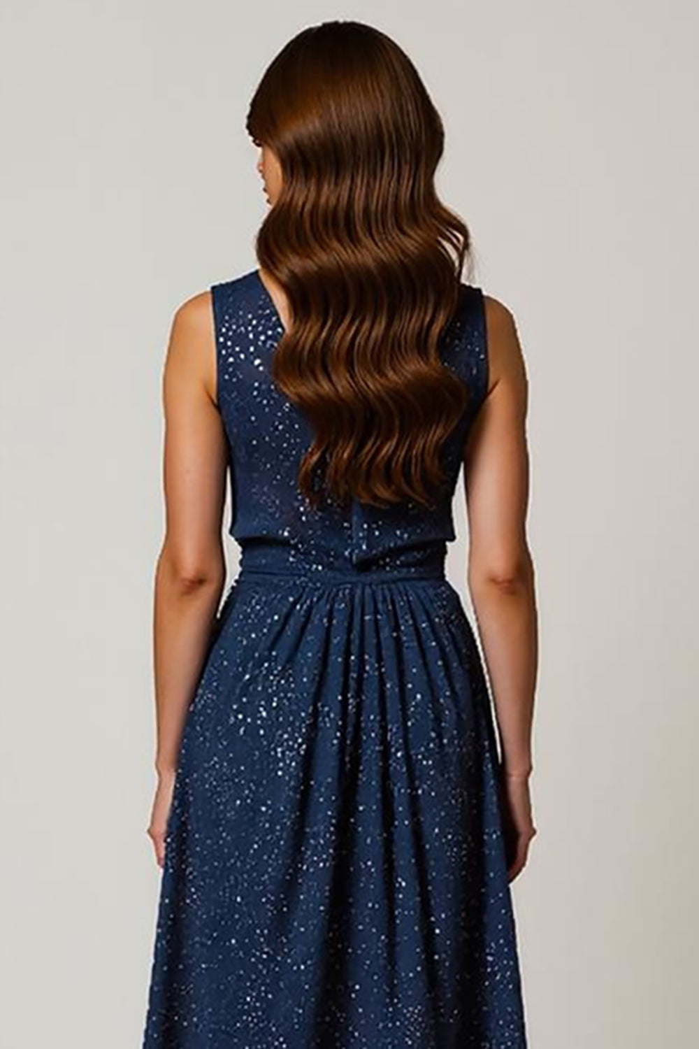 Sparkly Navy V-Neck Ruched A-Line Midi Work Dress