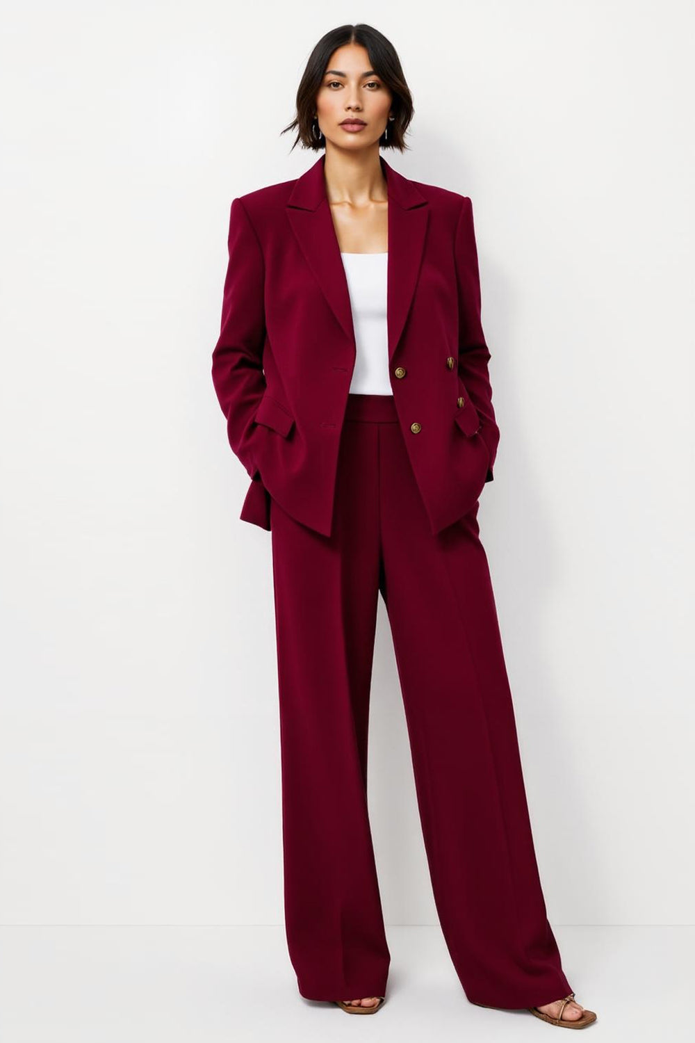 Burgundy Satin 2 Piece Notched Lapel Women Business Suits with Pockets