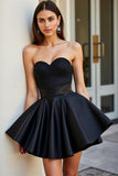 Sparkly Black Satin Sweetheart Short A Line Prom Dress with Beading