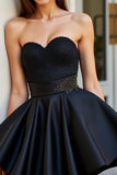 Sparkly Black Satin Sweetheart Short A Line Prom Dress with Beading
