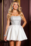Sparkly White Strapless Short Satin A Line Prom Dress with Beading