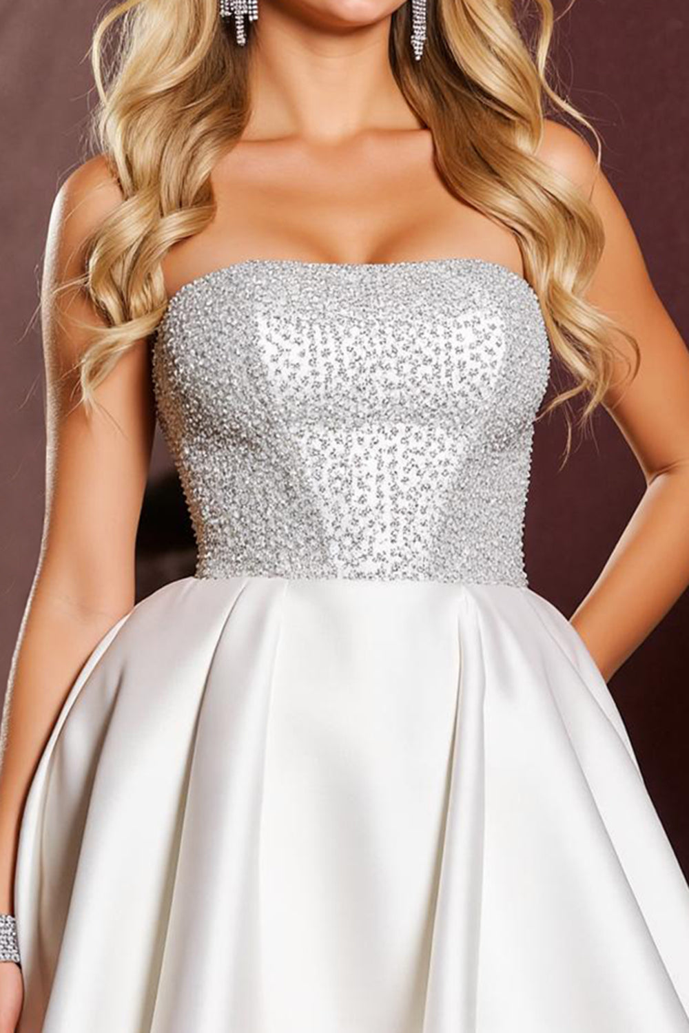 Sparkly White Strapless Short Satin A Line Prom Dress with Beading