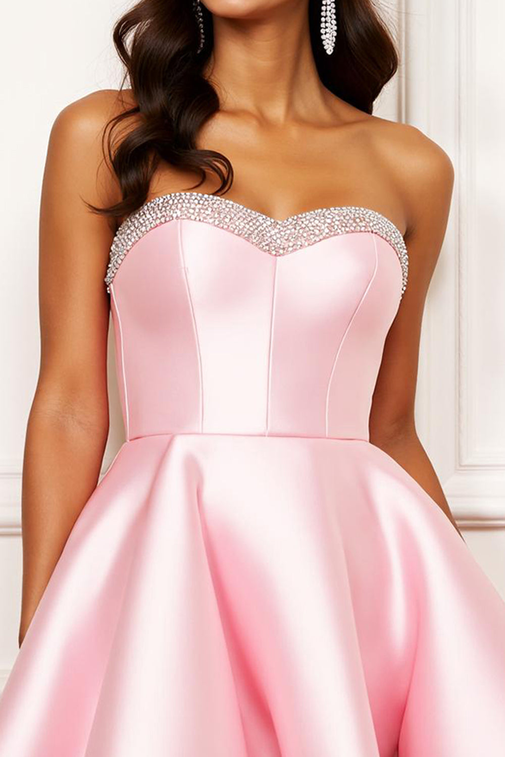Sparkly Pink Sweetheart A Line Short Satin Prom Dress with Beading