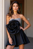 Sparkly Black Sweetheart Satin Short Backless Prom Dress with 3D Flower
