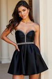 Sparkly Black Satin Sweetheart  A Line Short Prom Dress with Beading
