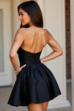 Sparkly Black Satin Sweetheart  A Line Short Prom Dress with Beading