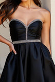 Sparkly Black Satin Sweetheart  A Line Short Prom Dress with Beading