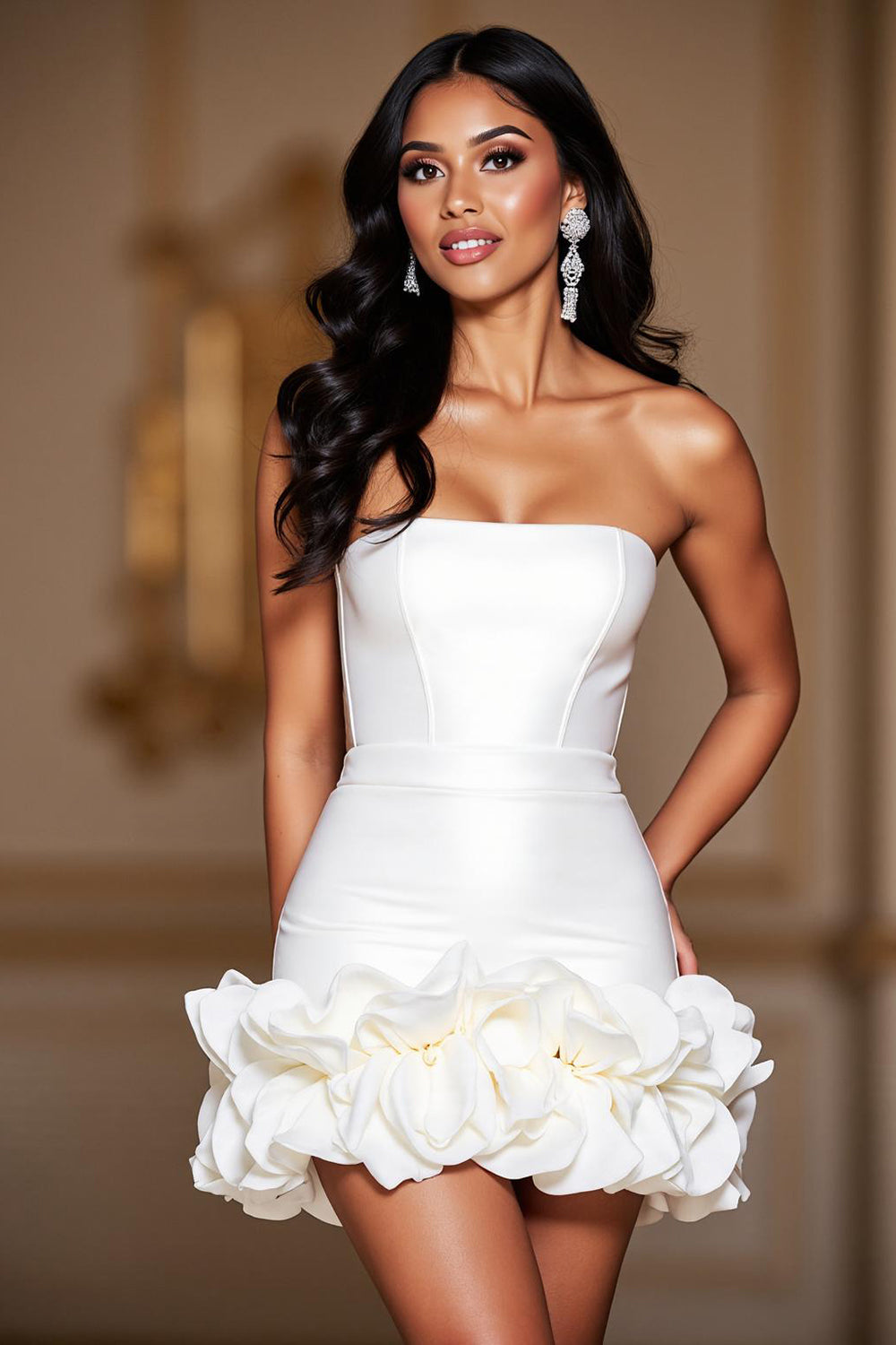 Strapless Satin Corset Short White Bridal Dress with Ruffles