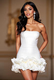 Strapless Satin Corset Short White Bridal Dress with Ruffles